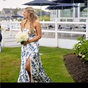 Revelry Strapless Dress in Blue and White Floral